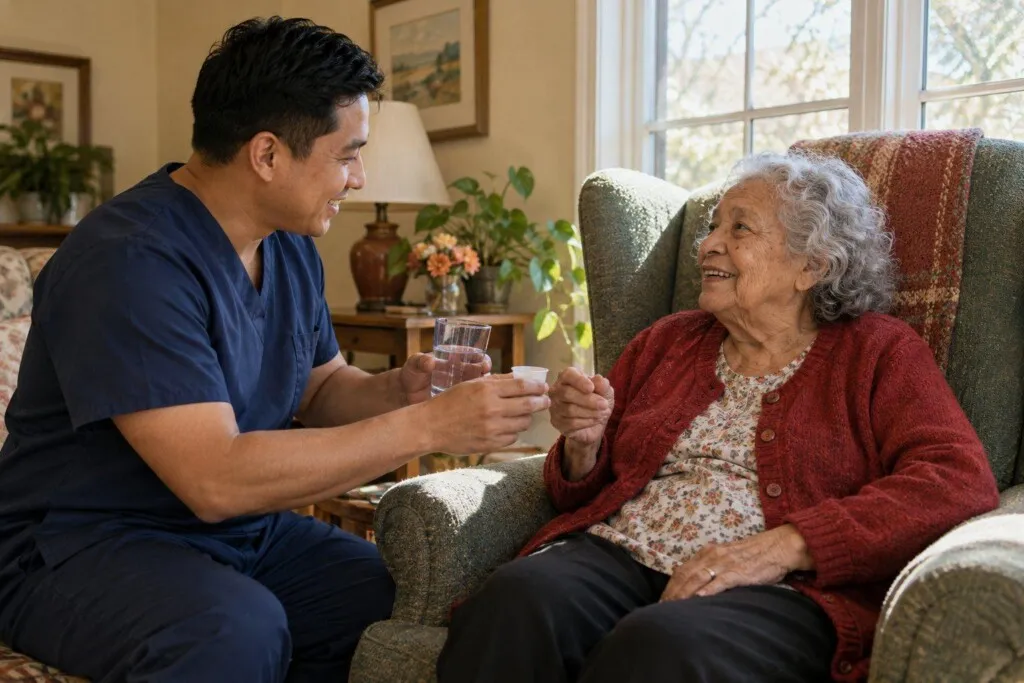 A care team member bringing a resident her midday medication and a glass of water