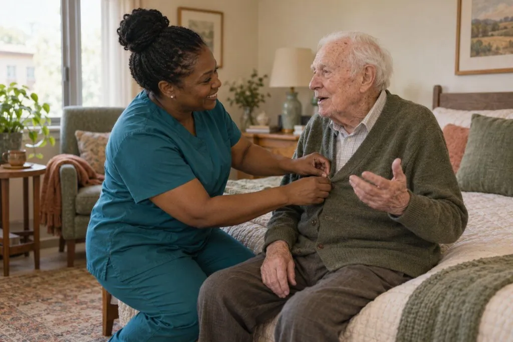 A caregiver helping a resident with his cardigan while he tells her a story