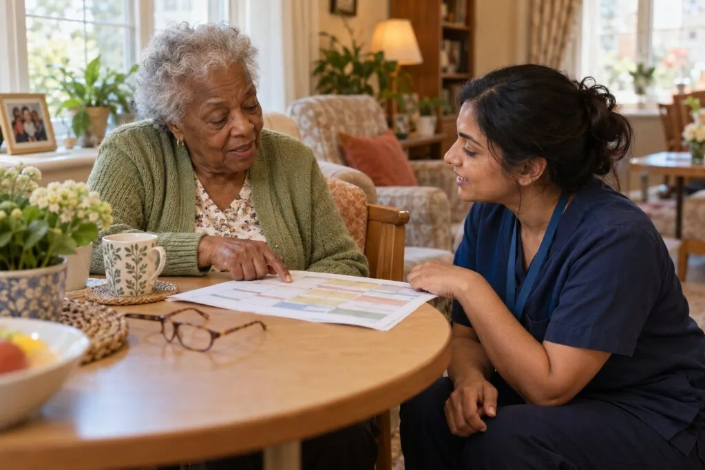 A resident and a care team member going over her weekly schedule together