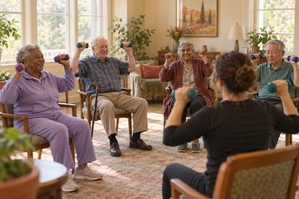 Residents laughing through a seated exercise class with light hand weights
