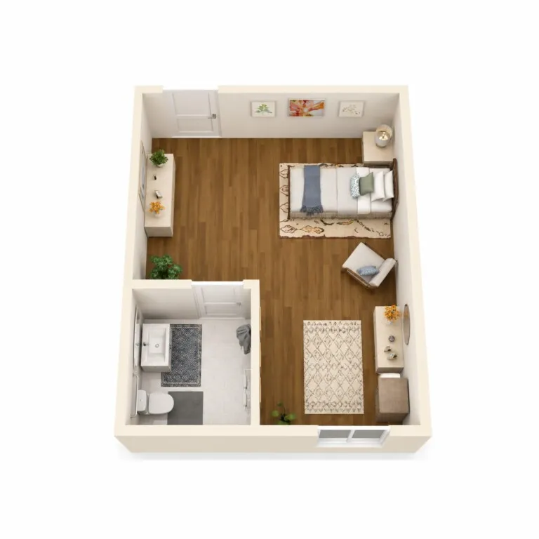 3D floor plan of the private Studio at Barton House, with a sleeping area, sitting area, dresser wall, living area and an accessible private bathroom