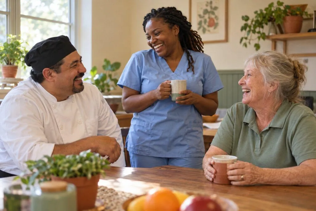 Colleagues sharing a laugh in a break room