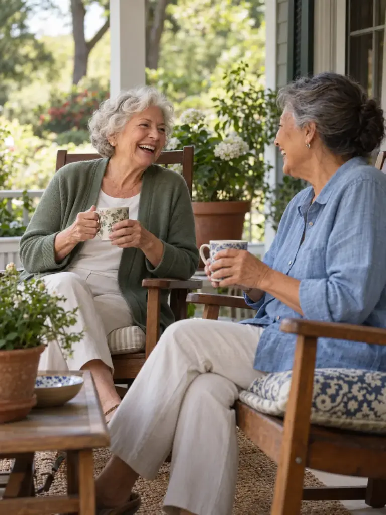 Two friends laughing together on a shaded porch with mugs of tea