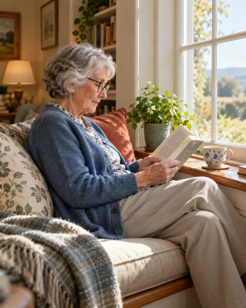 A woman reading in a sunlit window seat with a cup of tea beside her