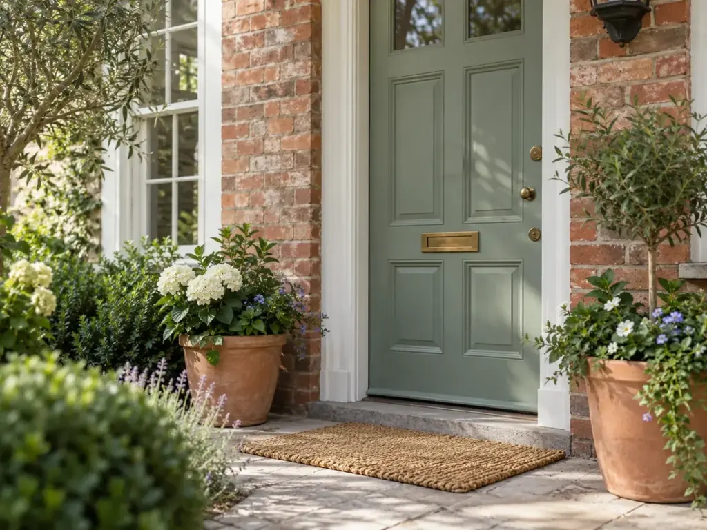 A welcoming front door with pots of flowers and a woven doormat