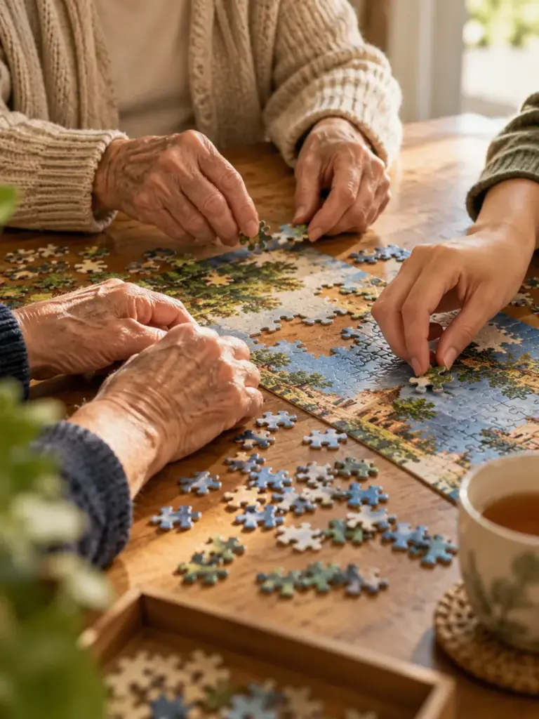 Hands of different ages working on a jigsaw puzzle at a wooden table
