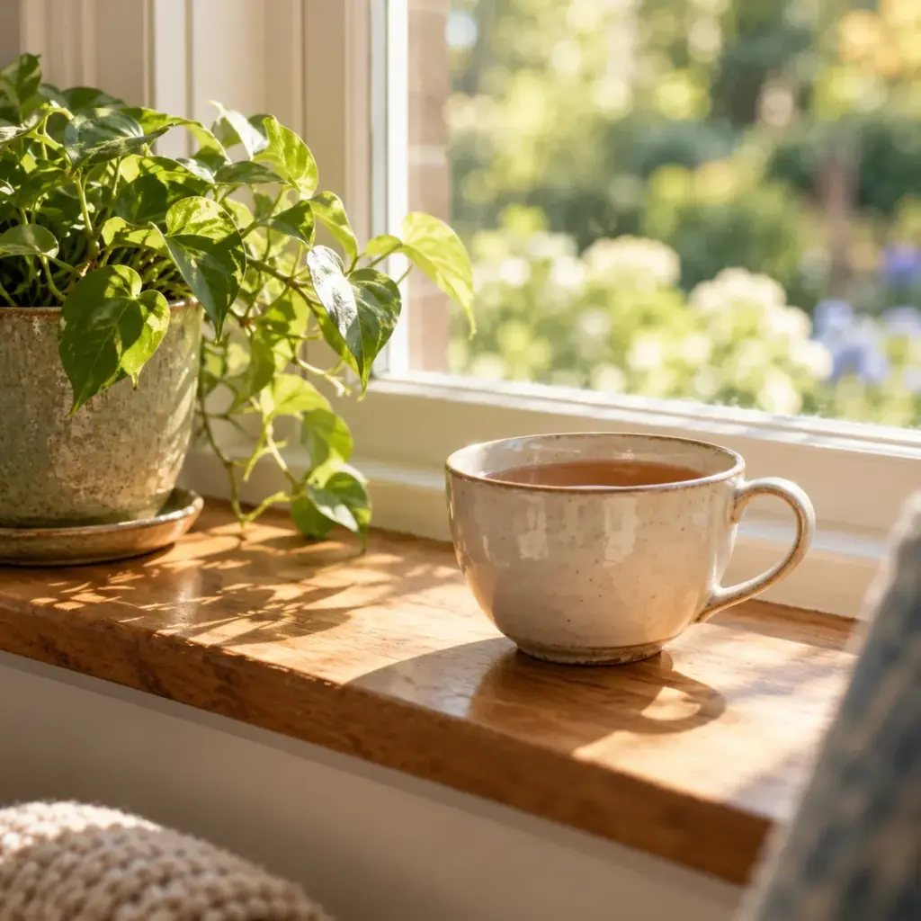 A teacup on a sunlit windowsill beside a small plant