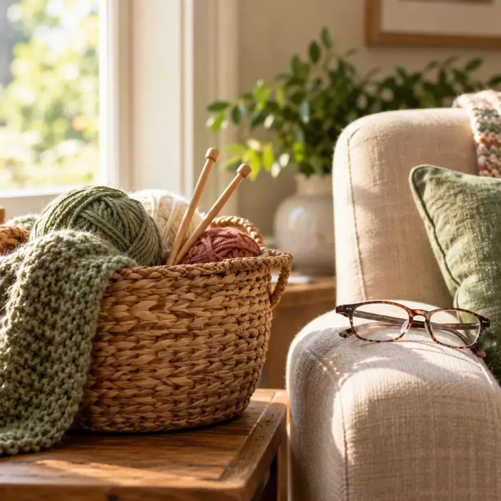 A knitting basket with soft wool and reading glasses on the arm of a chair