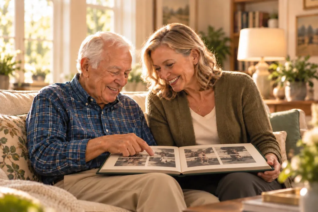Two people looking through a family photo album together