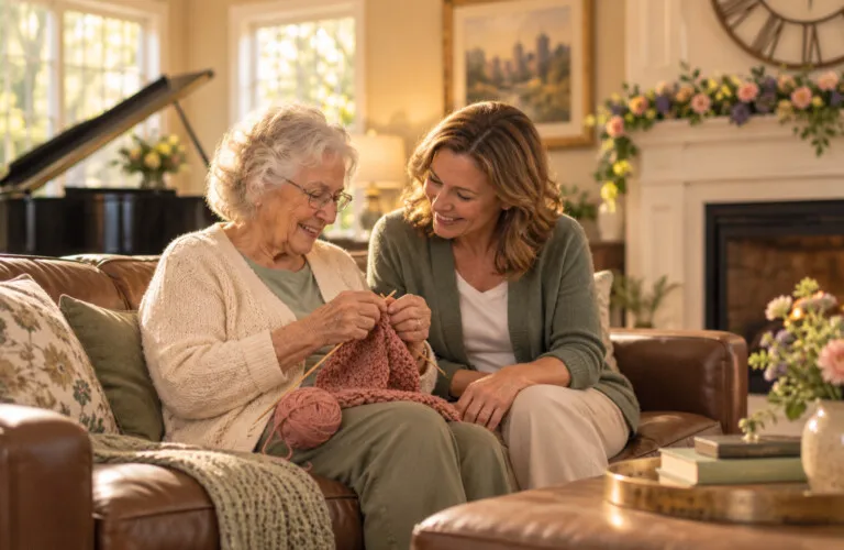 A resident knitting on a leather sofa in a living room with a piano and fireplace while a caregiver leans in, smiling