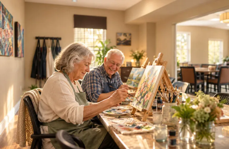 Two friends painting at tabletop easels in a sunny art studio, one laughing beside the other