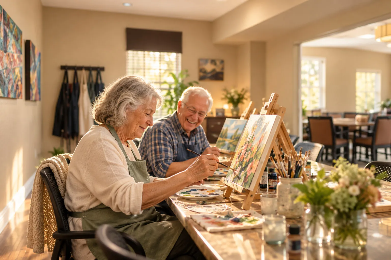 Two friends painting at tabletop easels in a sunny art studio, one laughing beside the other
