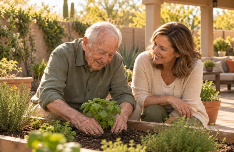 A father planting basil in a raised garden bed with his daughter beside him in a sunny enclosed garden