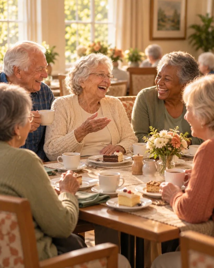 Friends sharing coffee, cake and a laugh around a dining table