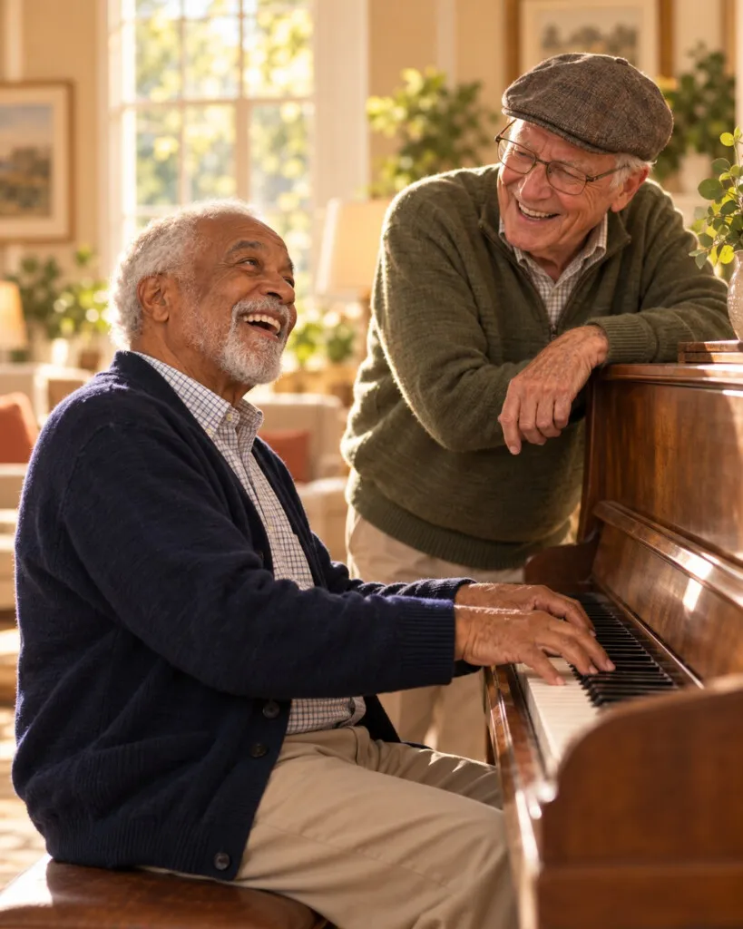 Two friends laughing at the piano in a sunlit great room