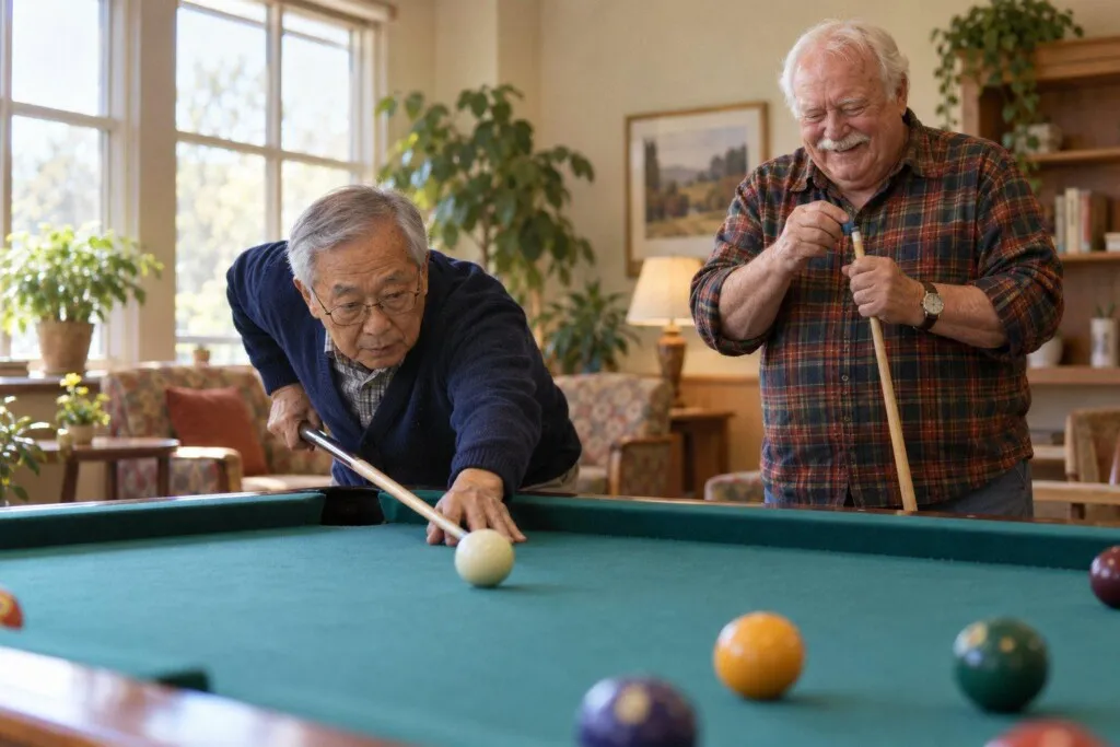 Two friends playing billiards in the game room