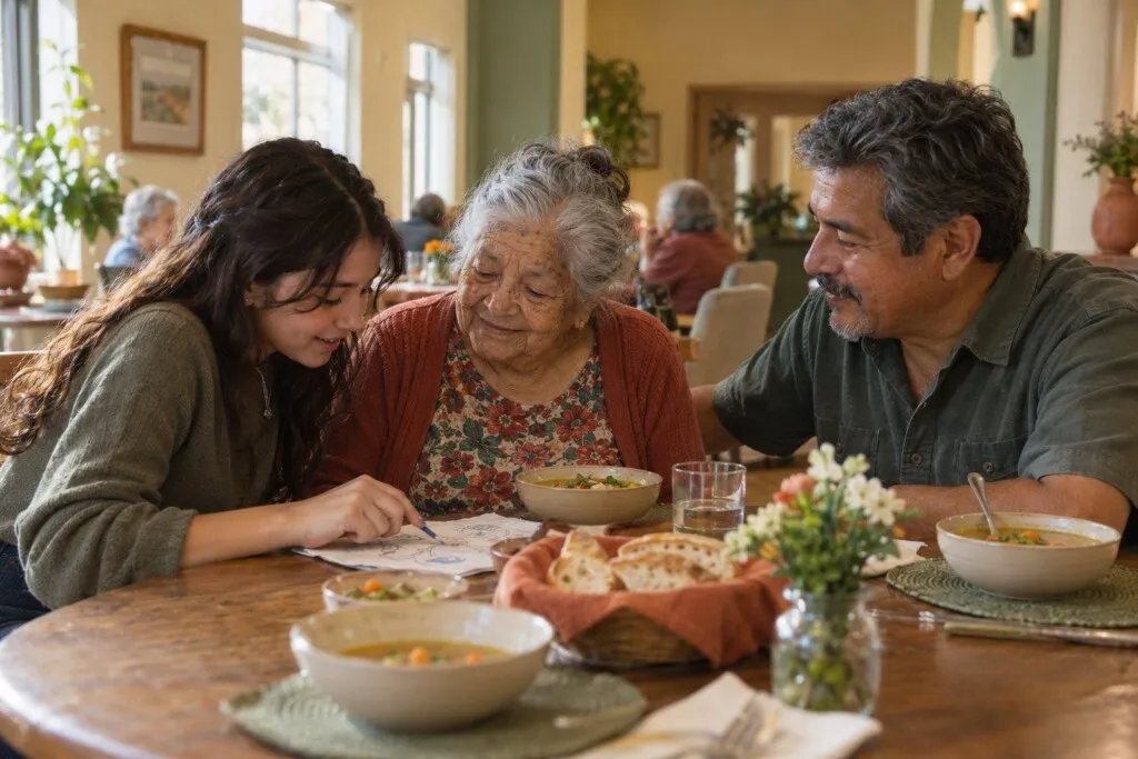 A son and granddaughter joining their mother for lunch