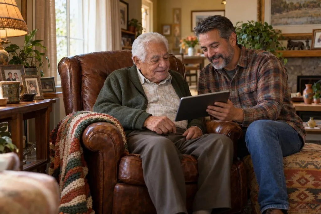 A father in his favorite armchair looking at old photos with his son