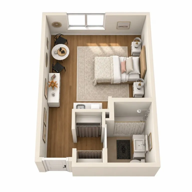 3D floor plan of the Private Studio at Tarina of Stockton, with a bed, desk, wardrobe, dining table and private bathroom