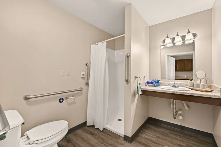 Accessible bathroom with grab bars and a walk-in shower in a residence at Tarina of Cypresswood